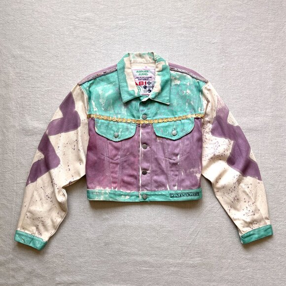 Vintage OOAK 80s Jeanjer Jeans Hand Painted Cropped Denim Trucker Jacket Medium - Picture 1 of 8